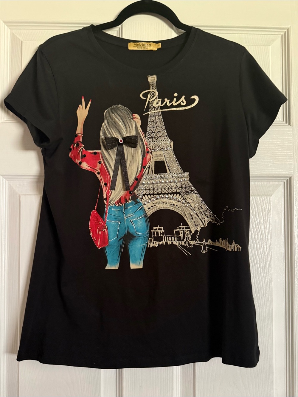 Vinzbena Women's Black Paris Graphic Short Sleeve Tee